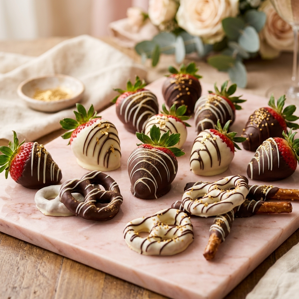 Chocolate-dipped strawberries and pretzels